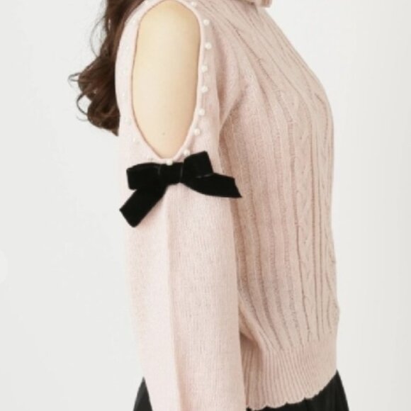 Ank Rouge Pink Heart Cable Knit Cold Shoulder Ruffle Turtleneck Sweater - Picture 2 of 5